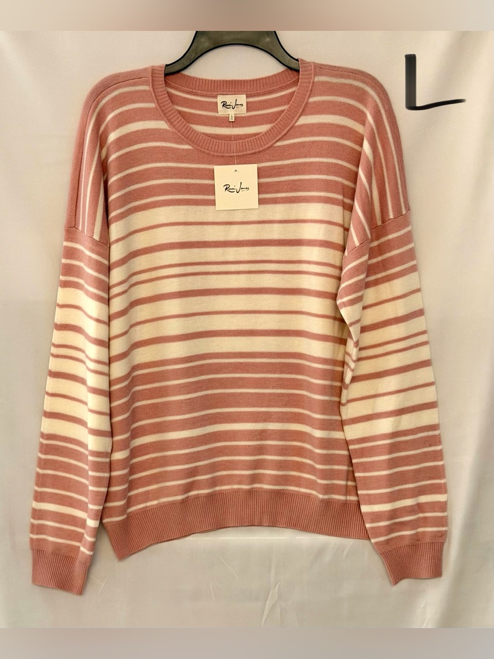 Remi James Striped Crewneck Sweater in Dusty Rose and Cream